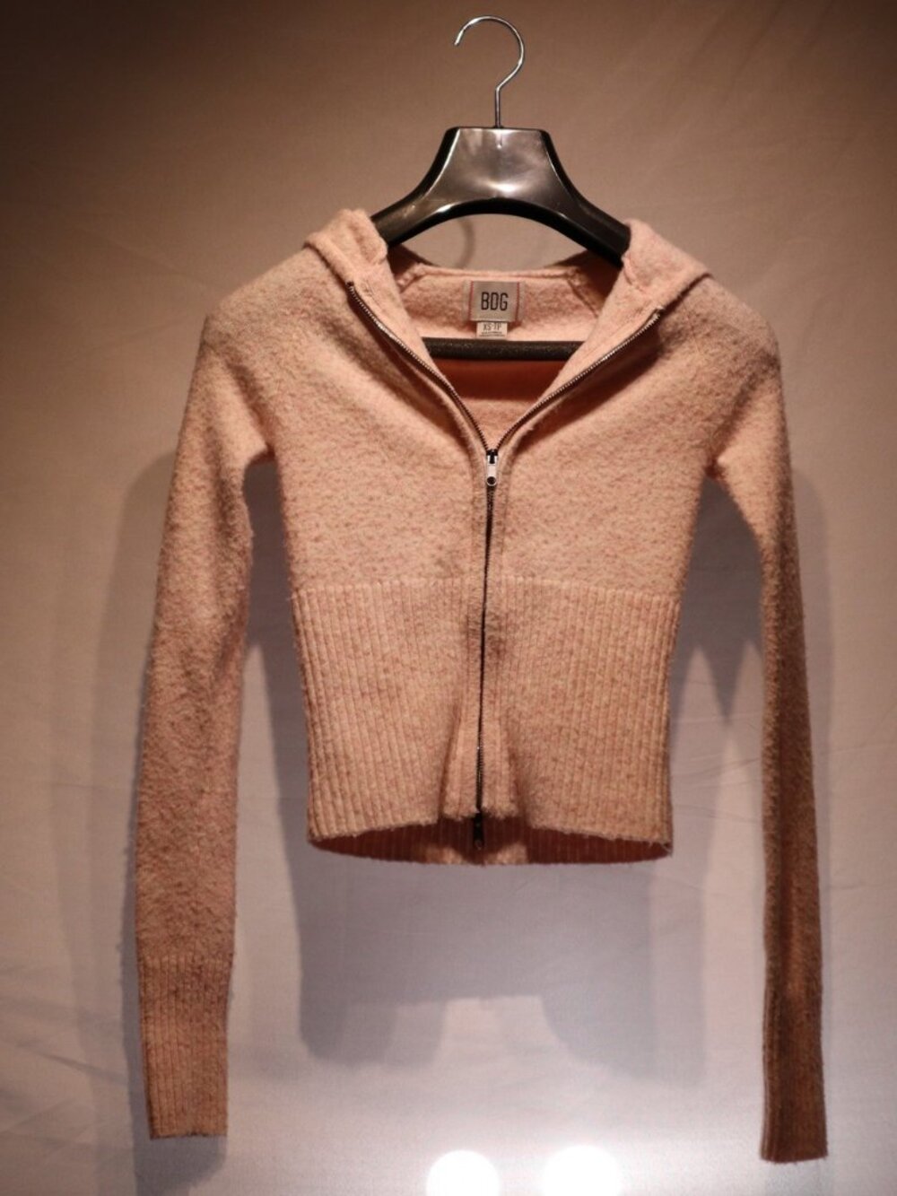 BDG Pink Boucle Zip-Up Hoodie XS Cropped Fuzzy Knit Y2K
